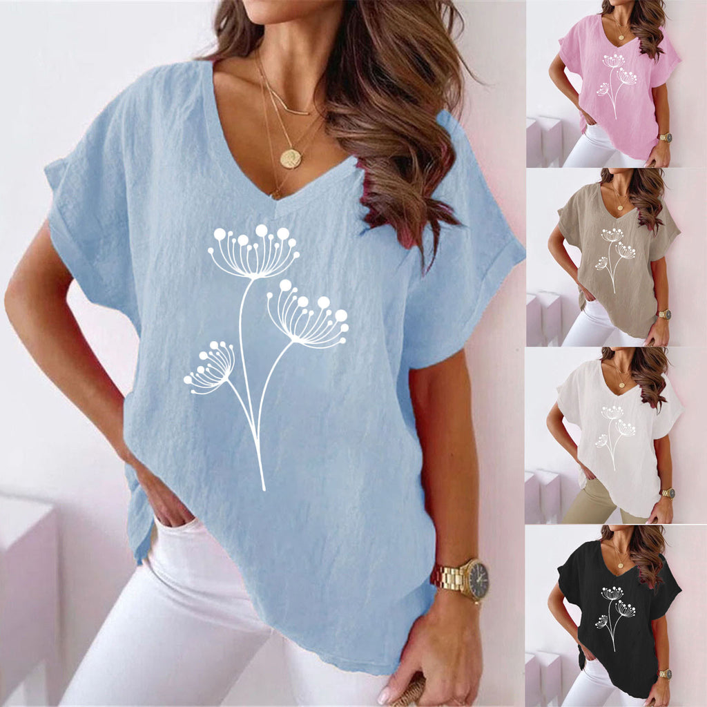 Women's Cotton-Linen Botanical Print V-Neck Batwing Tee