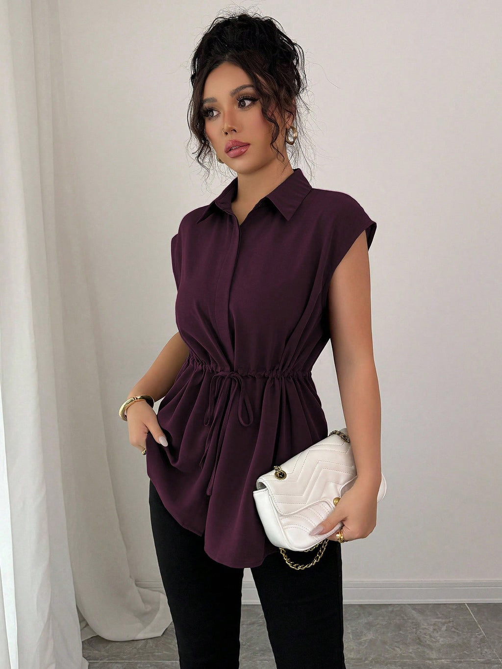 Women's Solid Polo Collar Short Sleeve Button-Front Top
