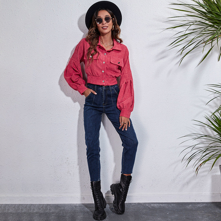 Women's Cropped Corduroy Jacket with Balloon Sleeves