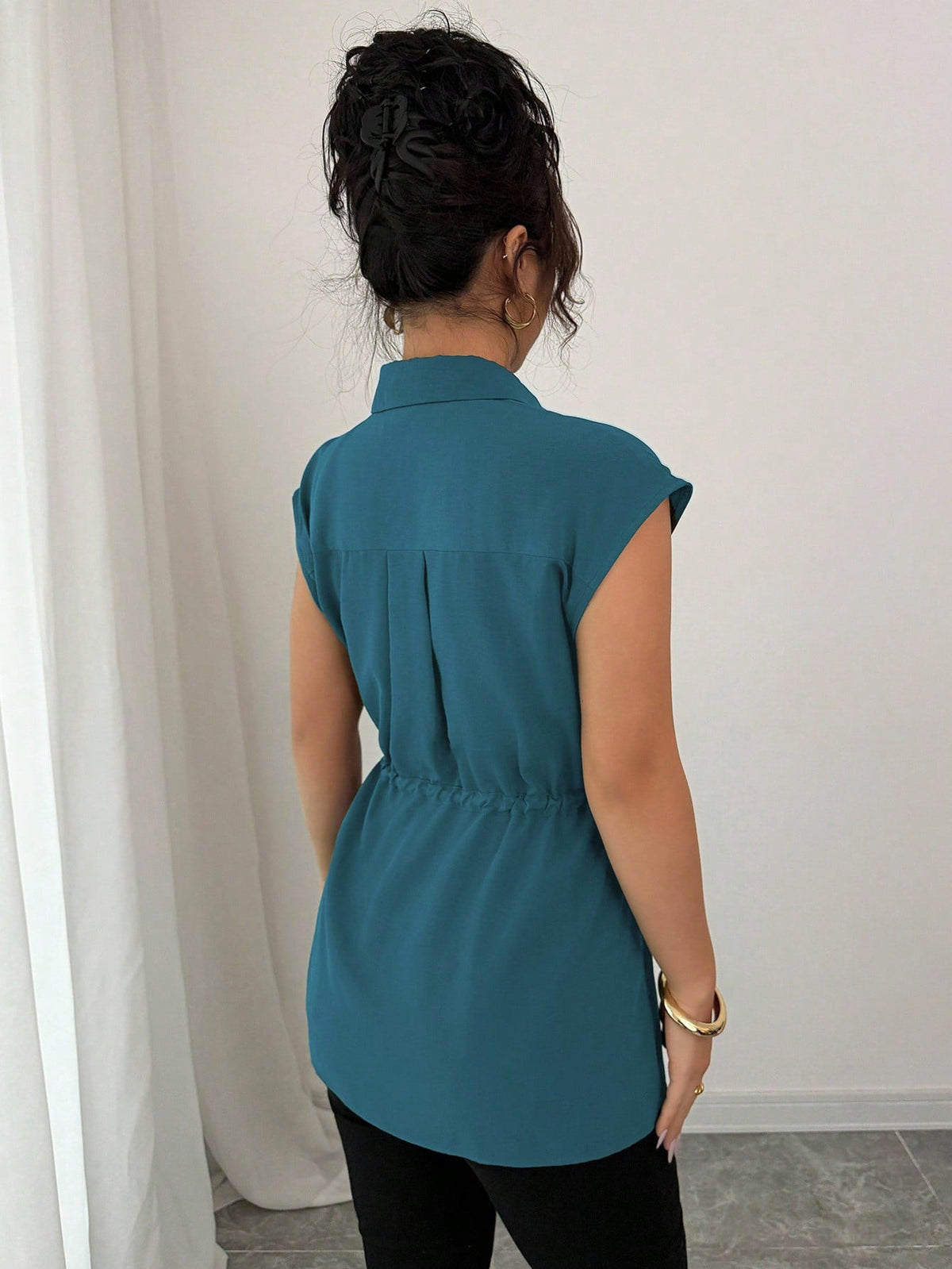 Women's Solid Polo Collar Short Sleeve Button-Front Top