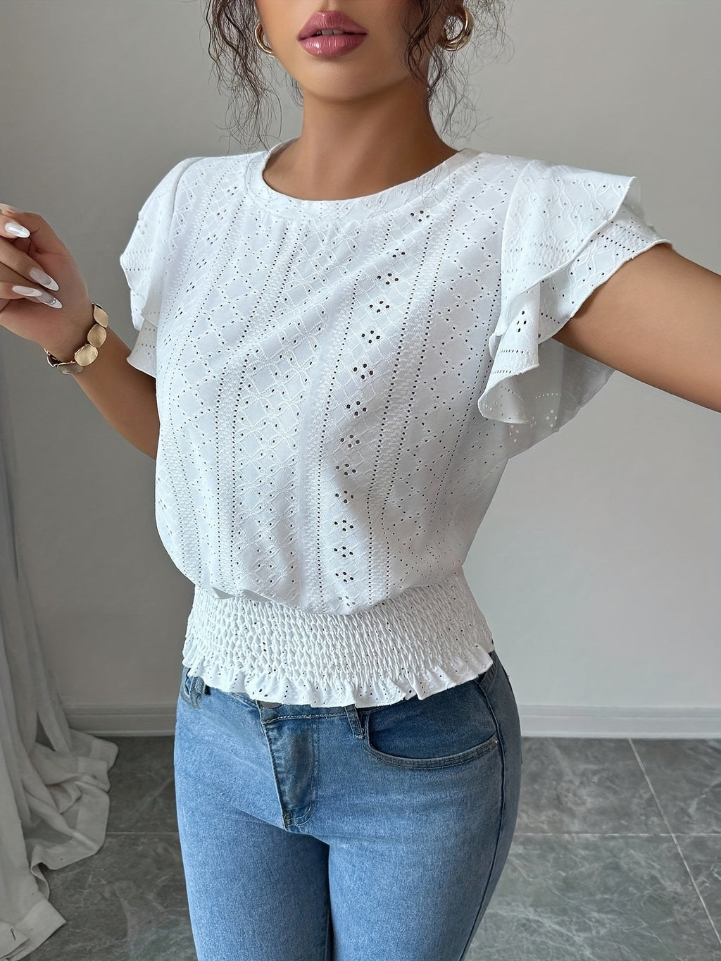 Women's Crew Neck T-Shirt, Openwork Ruffle Sleeves