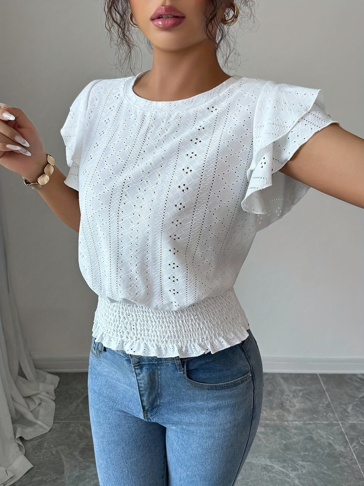 Women's Crew Neck T-Shirt, Openwork Ruffle Sleeves