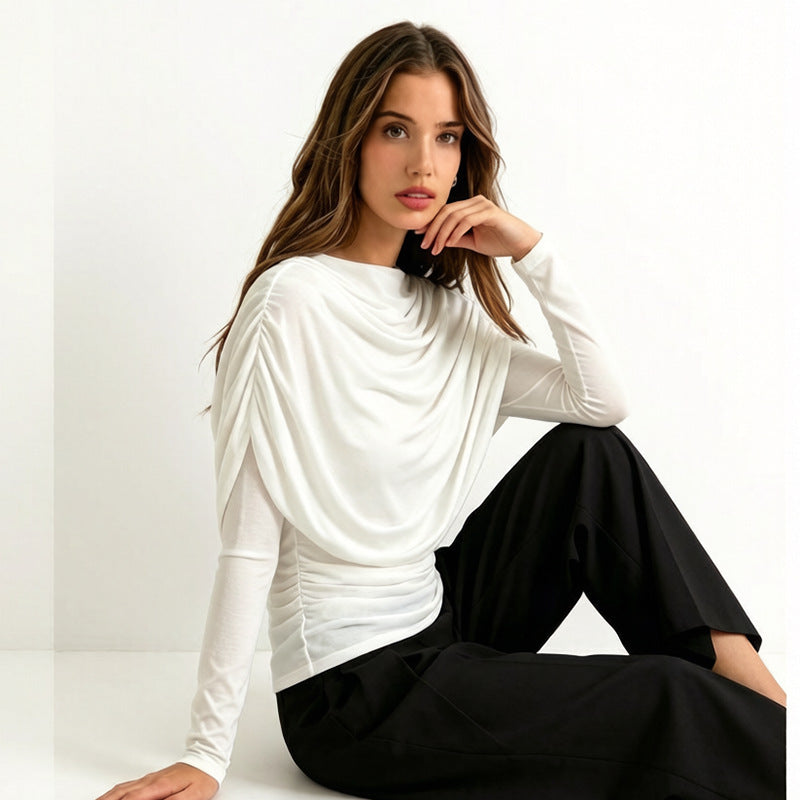 Women's Cowl Neck Long Sleeve Top, Shawl Detail