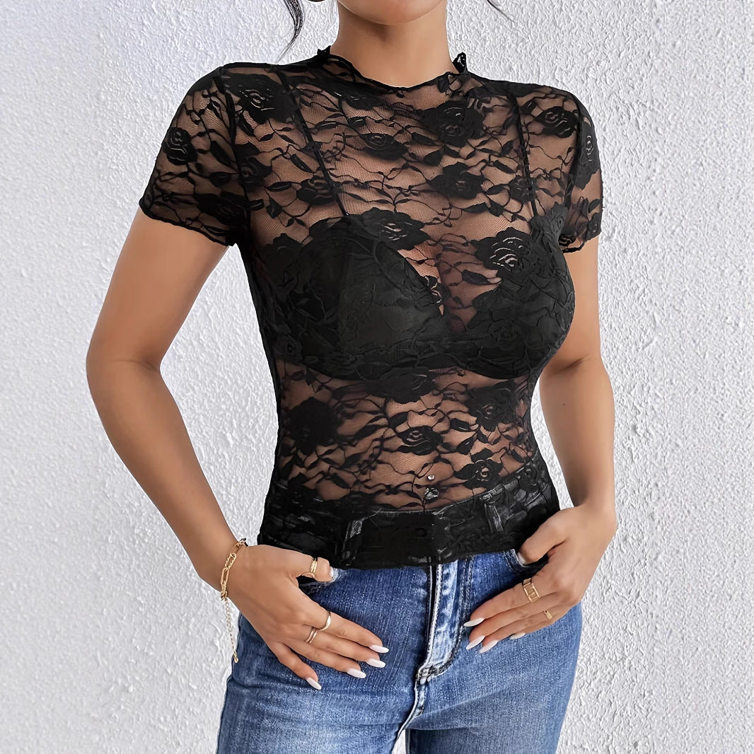Women's Lace T-Shirt, Ruffle Mock Neck