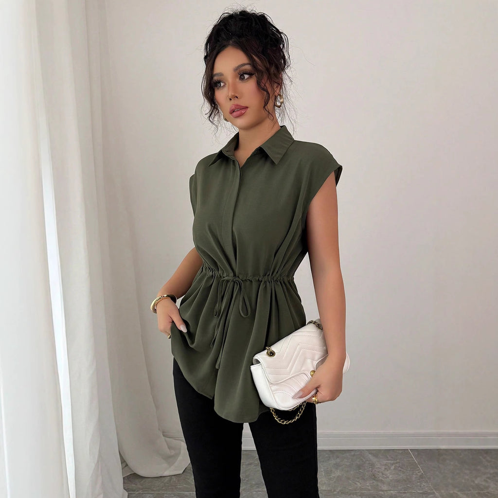 Women's Solid Polo Collar Short Sleeve Button-Front Top