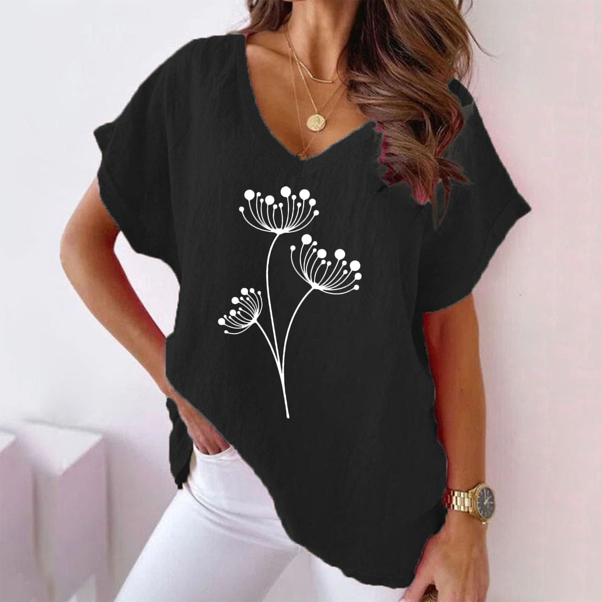 Women's Cotton-Linen Botanical Print V-Neck Batwing Tee