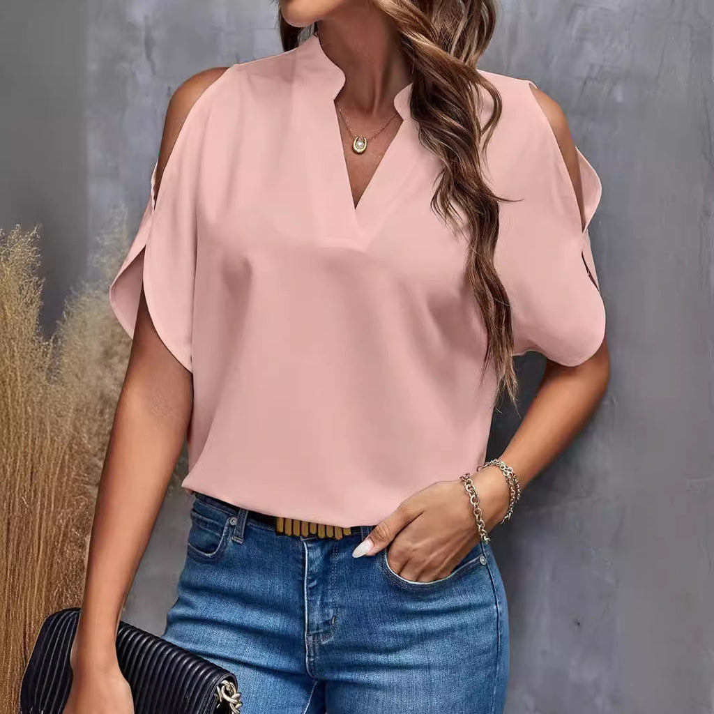 Women's V-Neck Cold-Shoulder Top, Solid Color