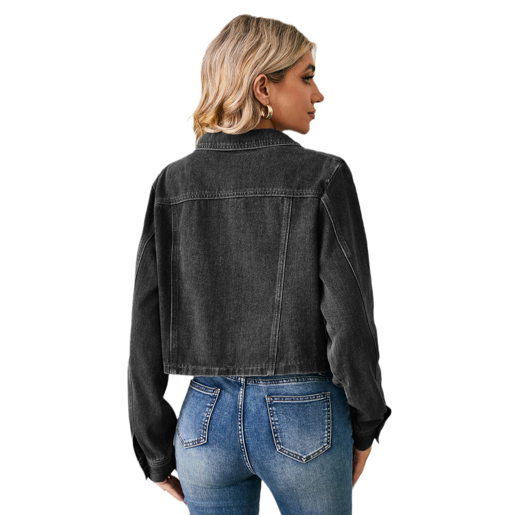 Women's Washed Cropped Long-Sleeve Denim Jacket