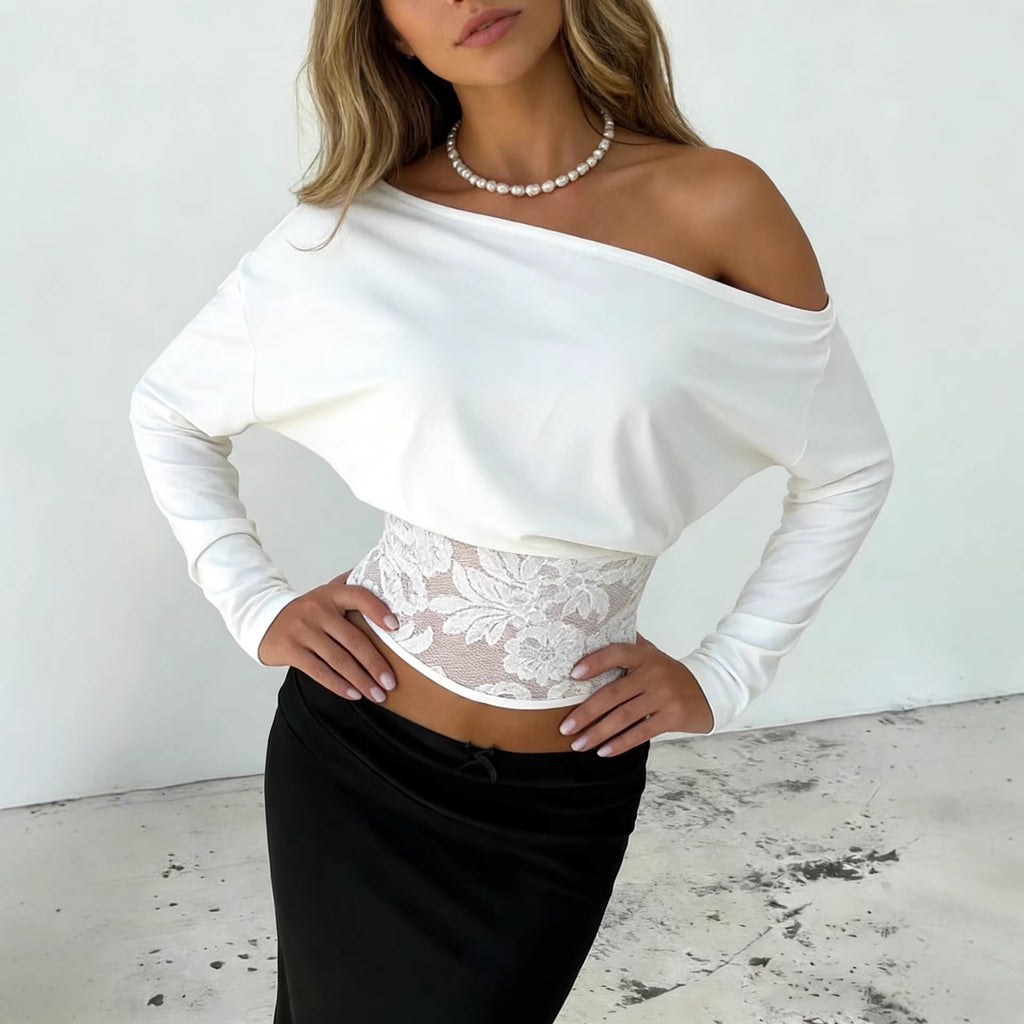 Women's Off-Shoulder Lace Top with Batwing Sleeves