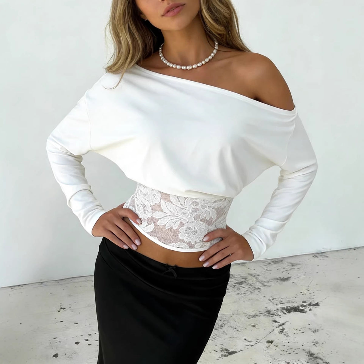 Women's Off-Shoulder Lace Top with Batwing Sleeves