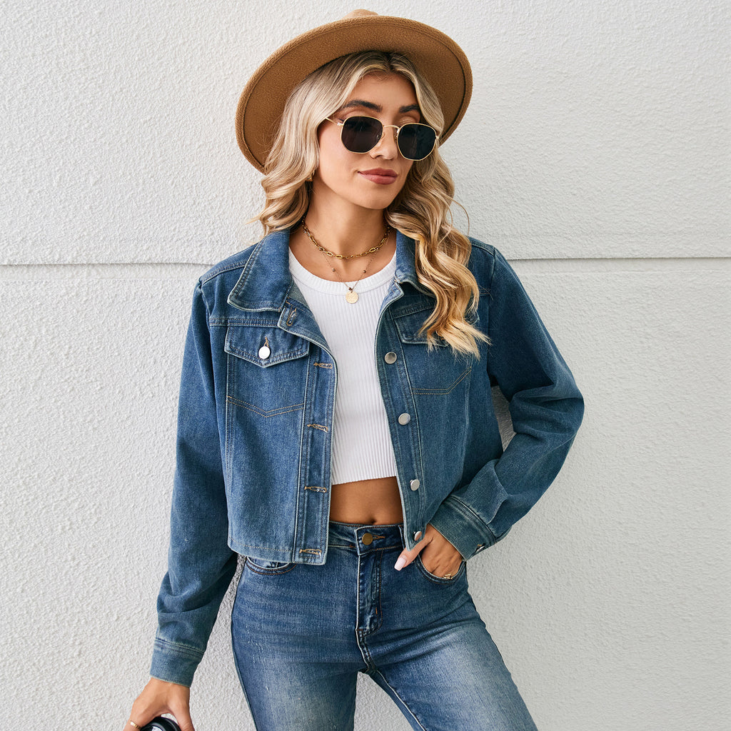 Women's Washed Cropped Long-Sleeve Denim Jacket
