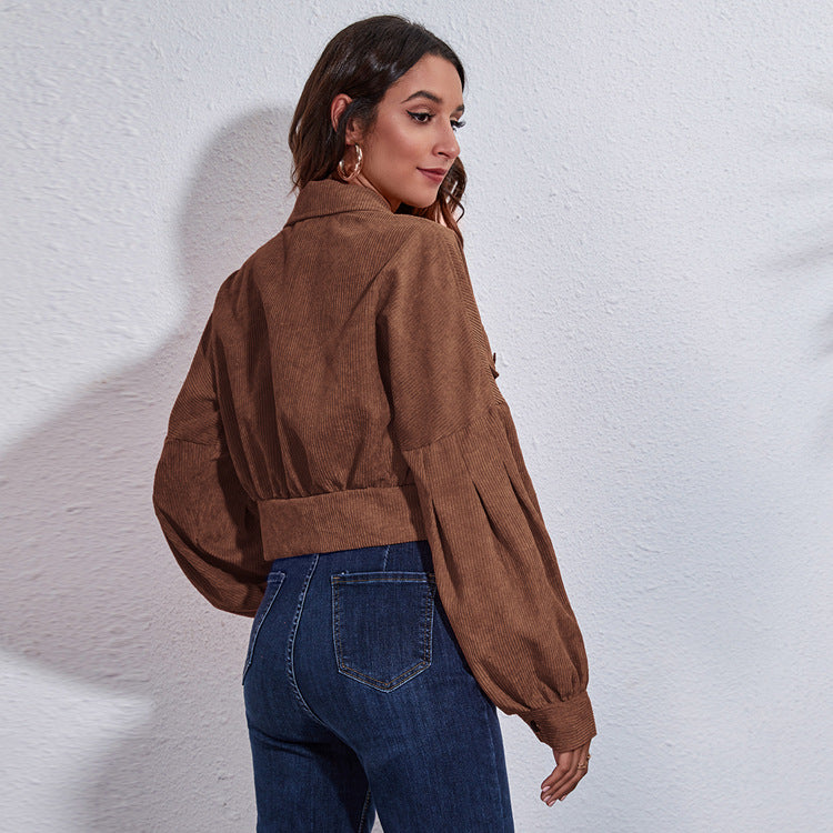 Women's Cropped Corduroy Jacket with Balloon Sleeves
