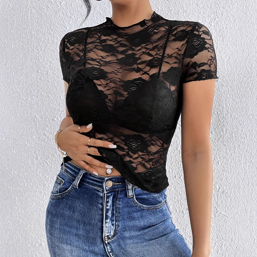 Women's Lace T-Shirt, Ruffle Mock Neck