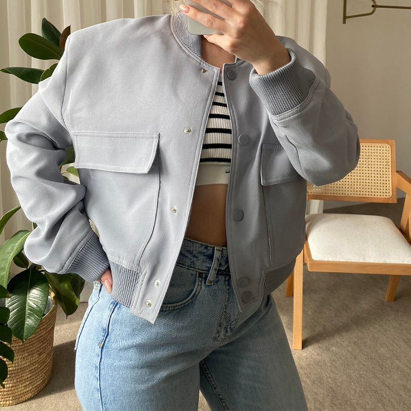 Women's Stand Collar Jacket with Oversized Pockets