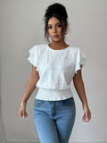 Women's Crew Neck T-Shirt, Openwork Ruffle Sleeves