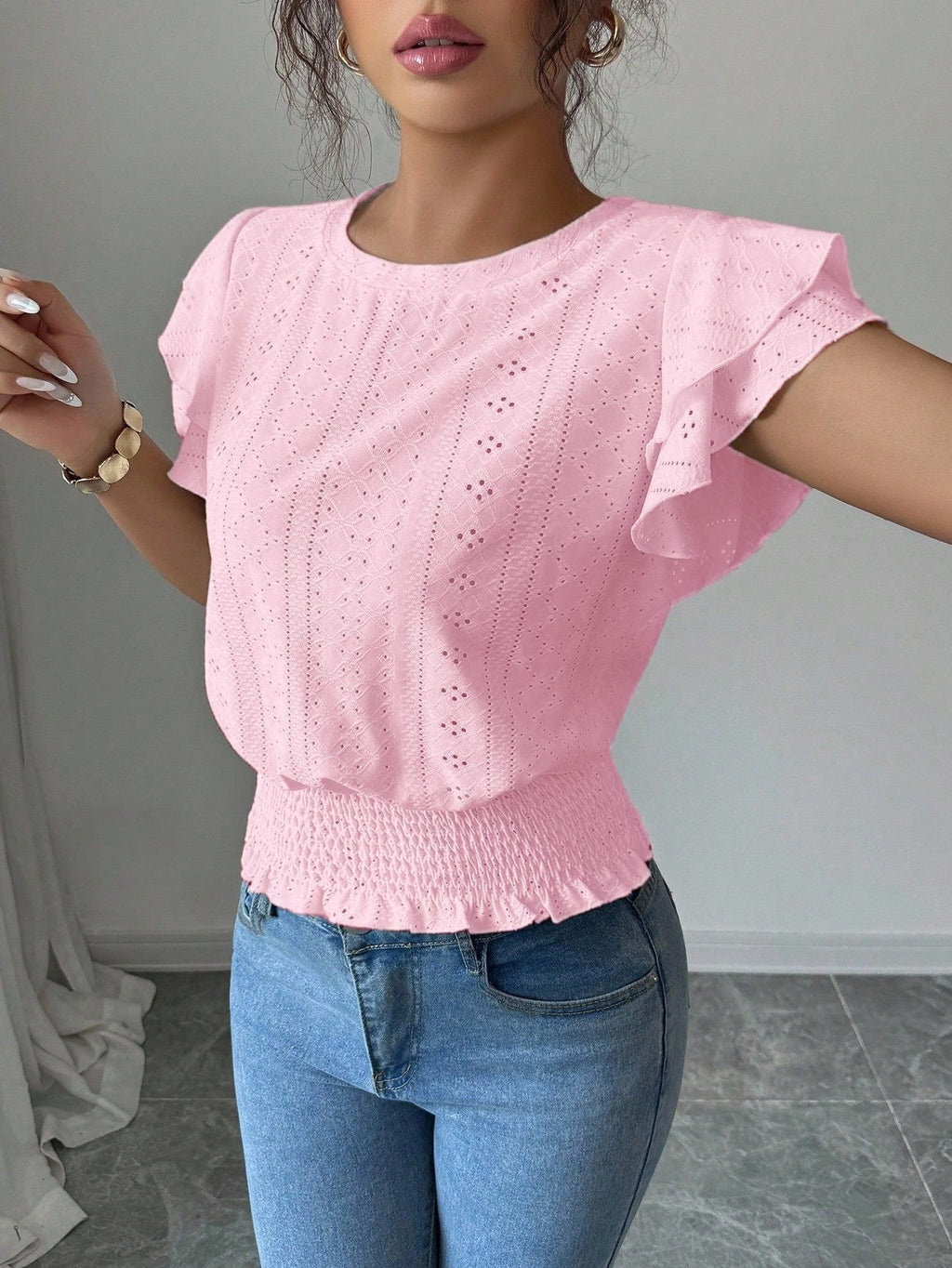 Women's Crew Neck T-Shirt, Openwork Ruffle Sleeves