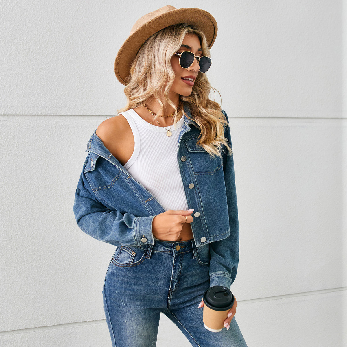 Women's Washed Cropped Long-Sleeve Denim Jacket