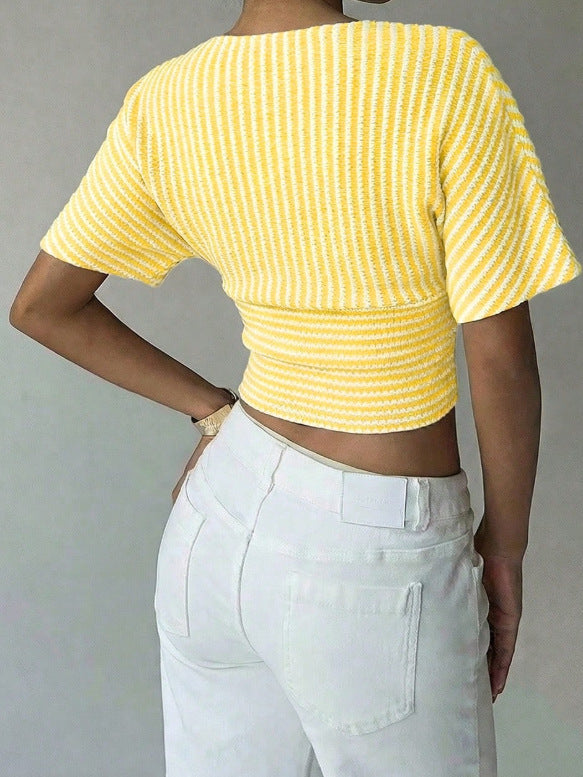 Women's Slim Fit Striped V-Neck Short Sleeve Tee