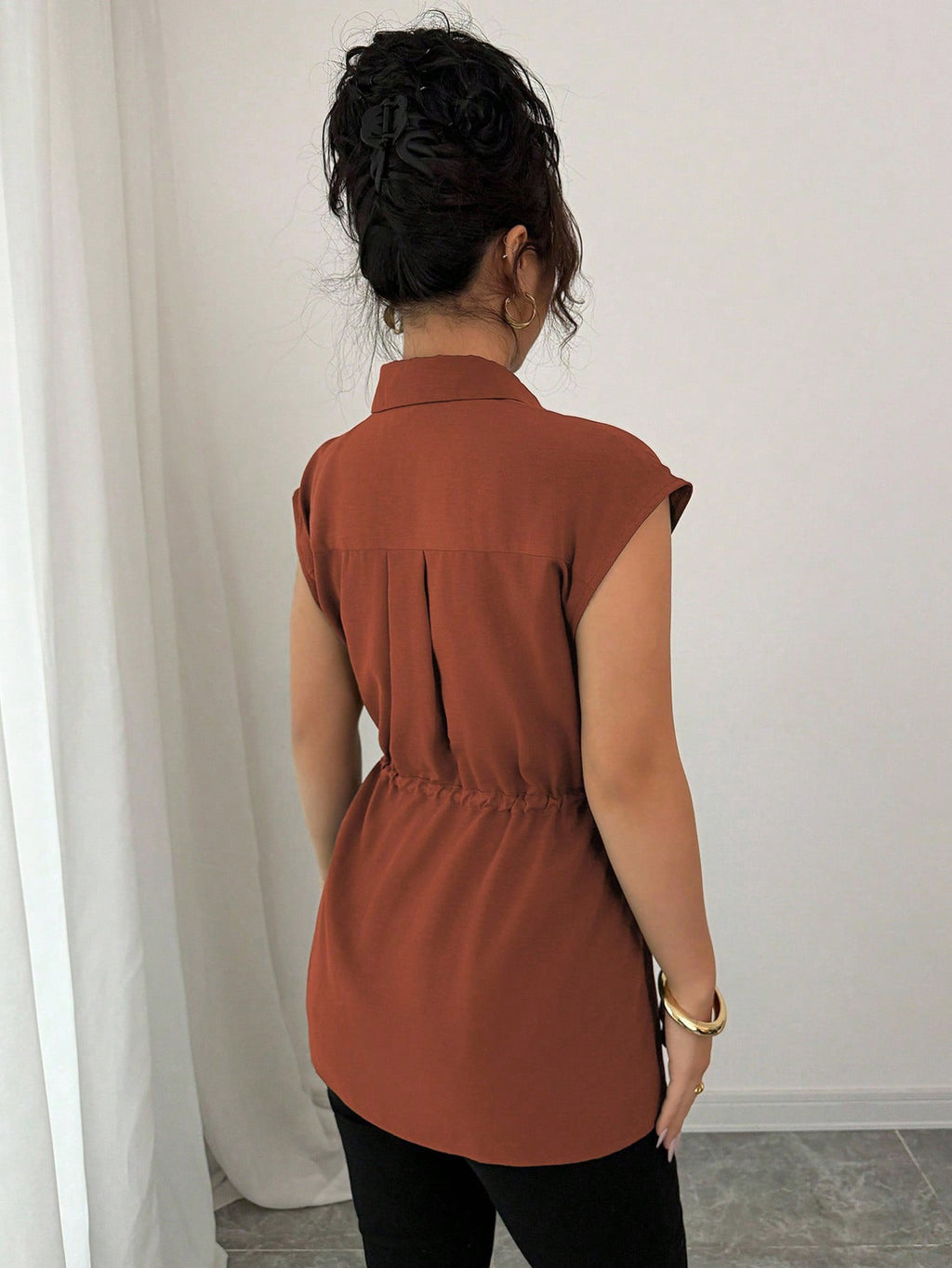 Women's Solid Polo Collar Short Sleeve Button-Front Top