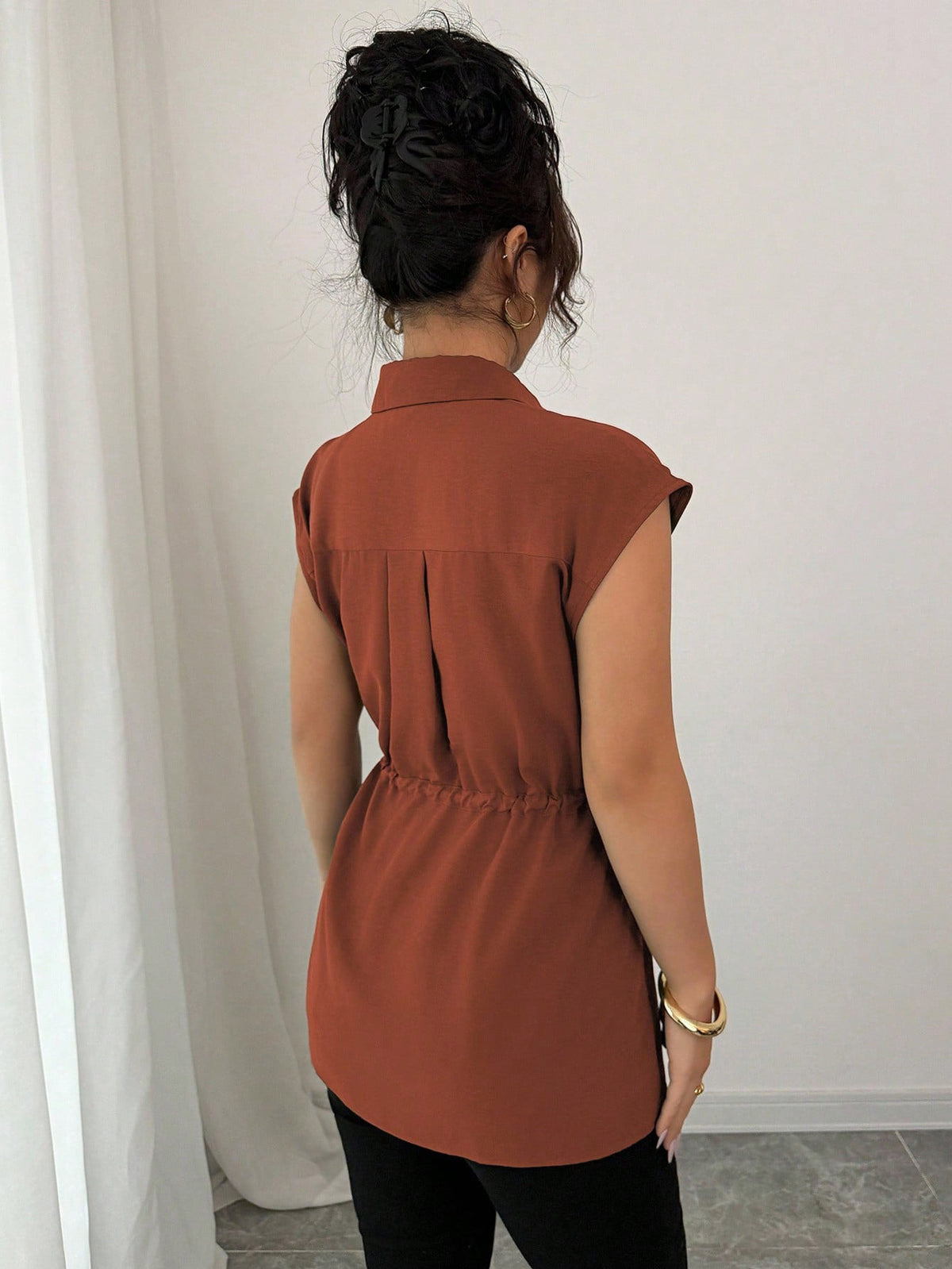 Women's Solid Polo Collar Short Sleeve Button-Front Top