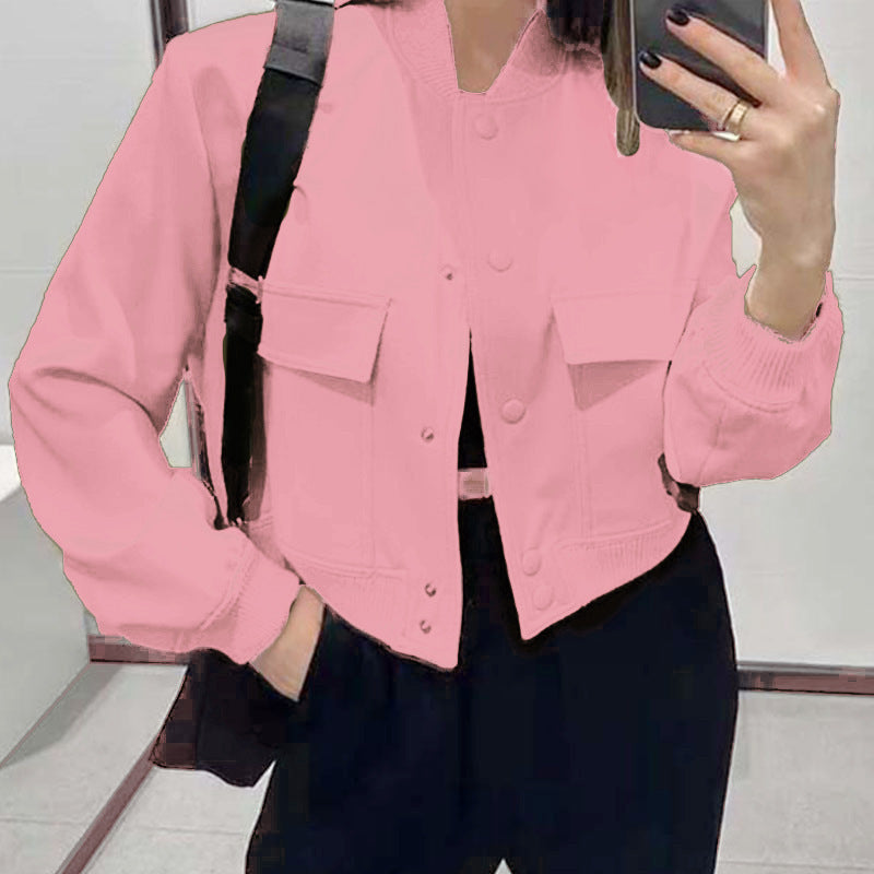 Women's Stand Collar Jacket with Oversized Pockets