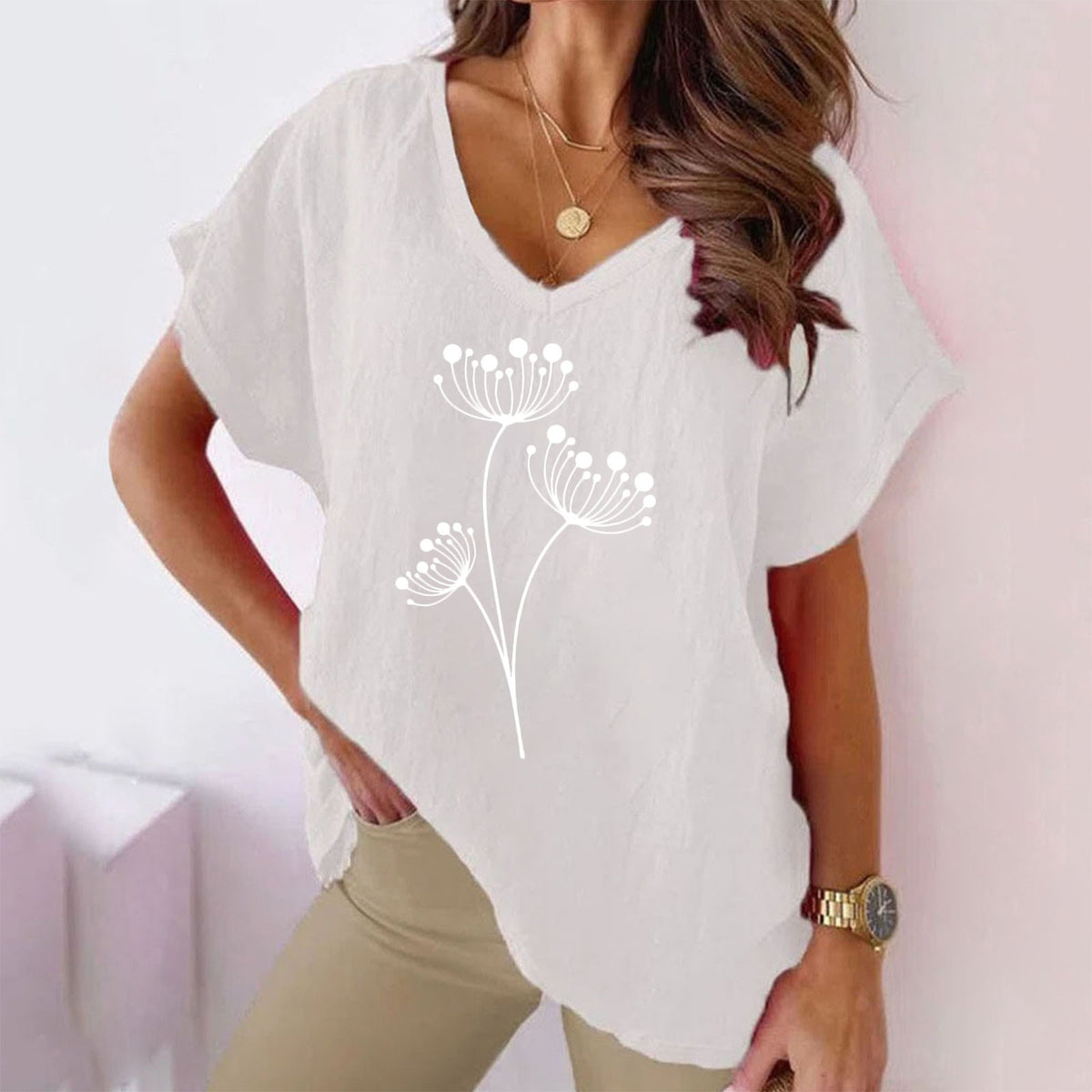 Women's Cotton-Linen Botanical Print V-Neck Batwing Tee