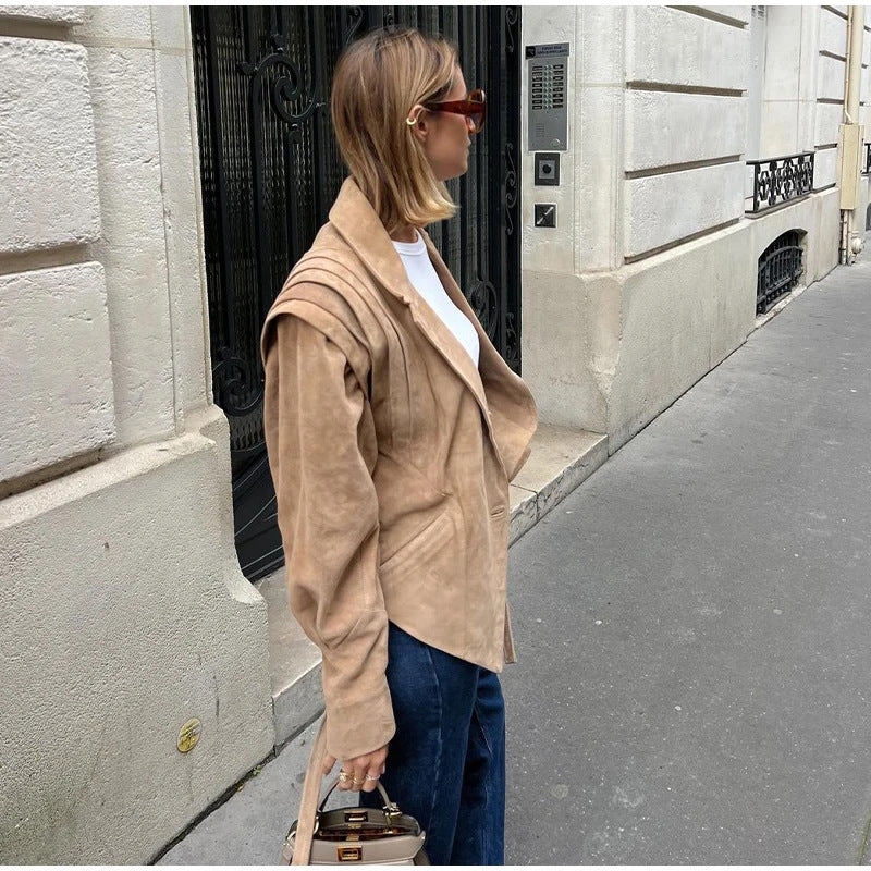Women's Suede-Look Padded-Shoulder Cinched Jacket