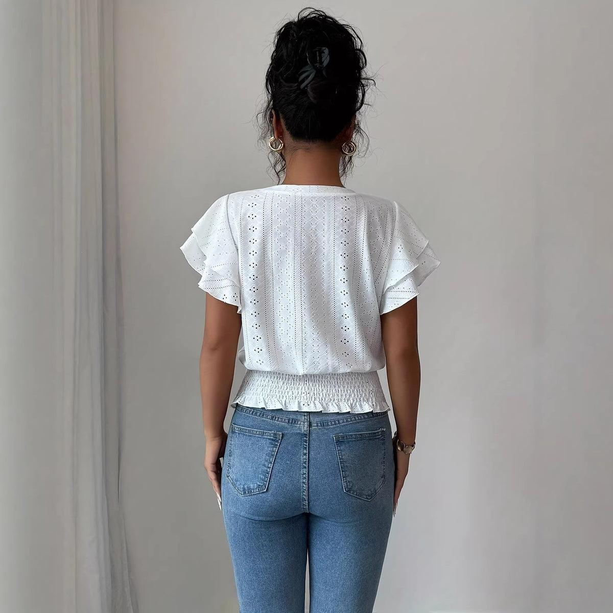 Women's Crew Neck T-Shirt, Openwork Ruffle Sleeves