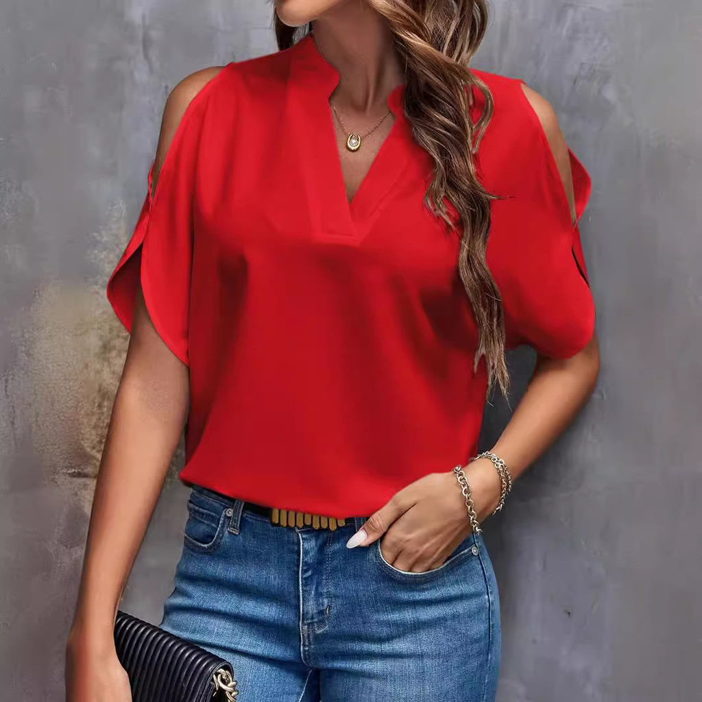 Women's V-Neck Cold-Shoulder Top, Solid Color
