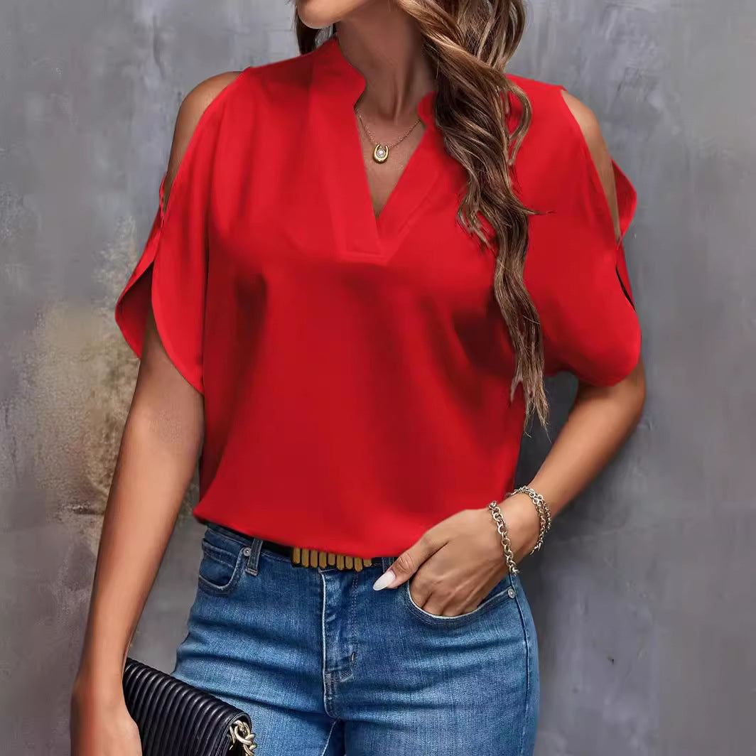 Women's V-Neck Cold-Shoulder Top, Solid Color