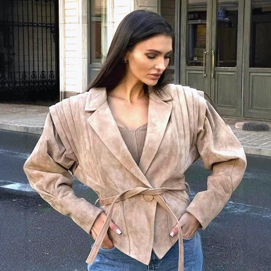 Women's Suede-Look Padded-Shoulder Cinched Jacket