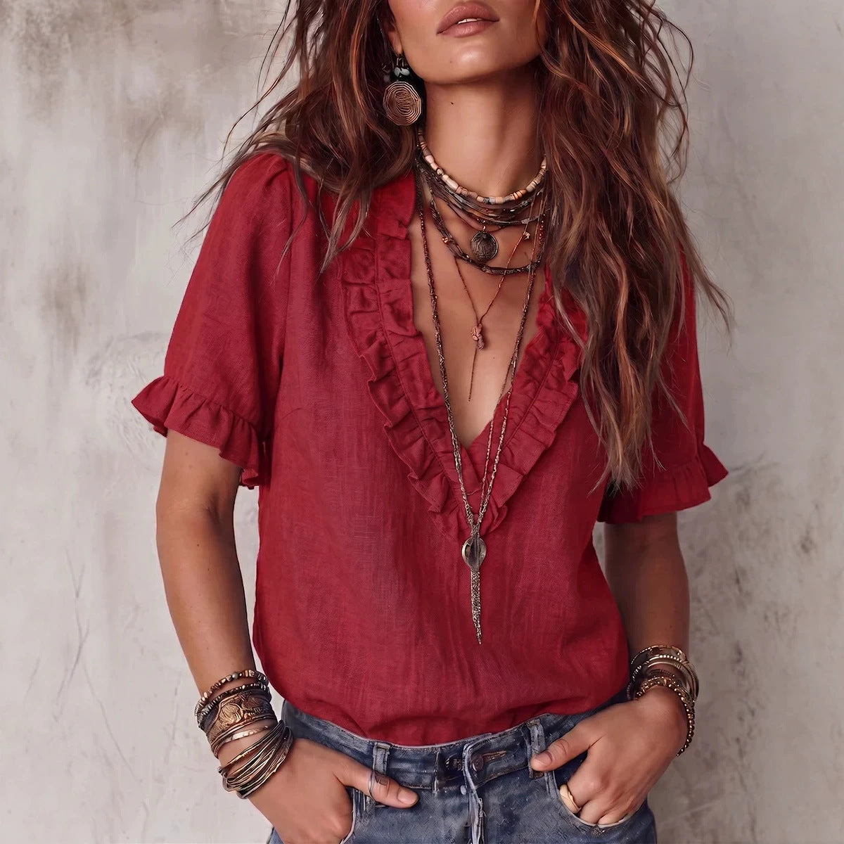 Women's 100% Cotton Crinkle V-Neck Casual Shirt