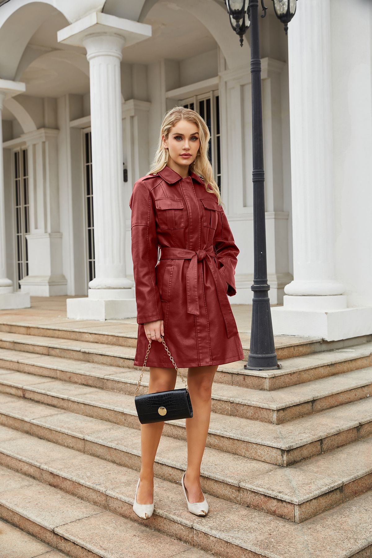 Women's Belted Leather-Look Midi Trench Coat