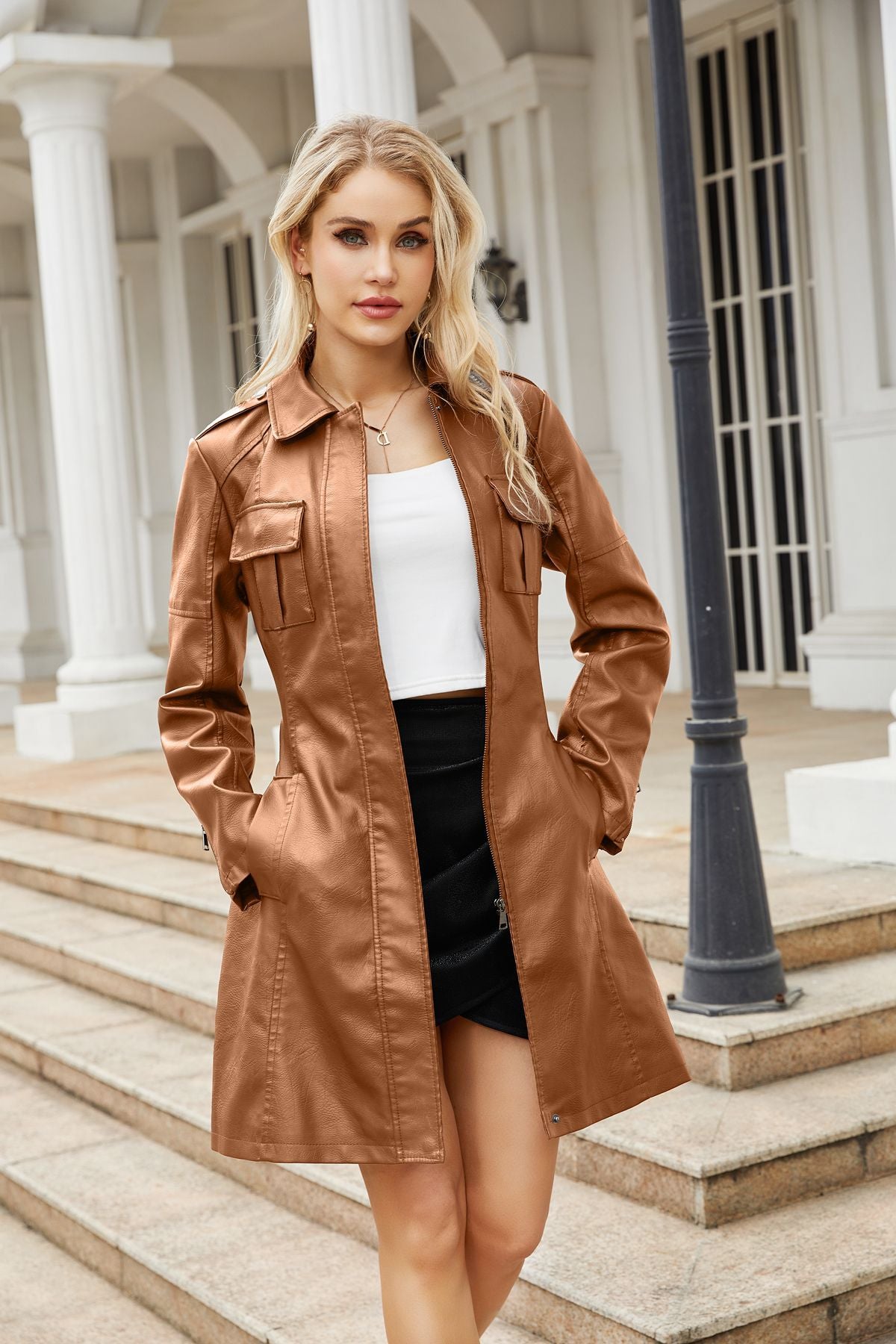 Women's Belted Leather-Look Midi Trench Coat