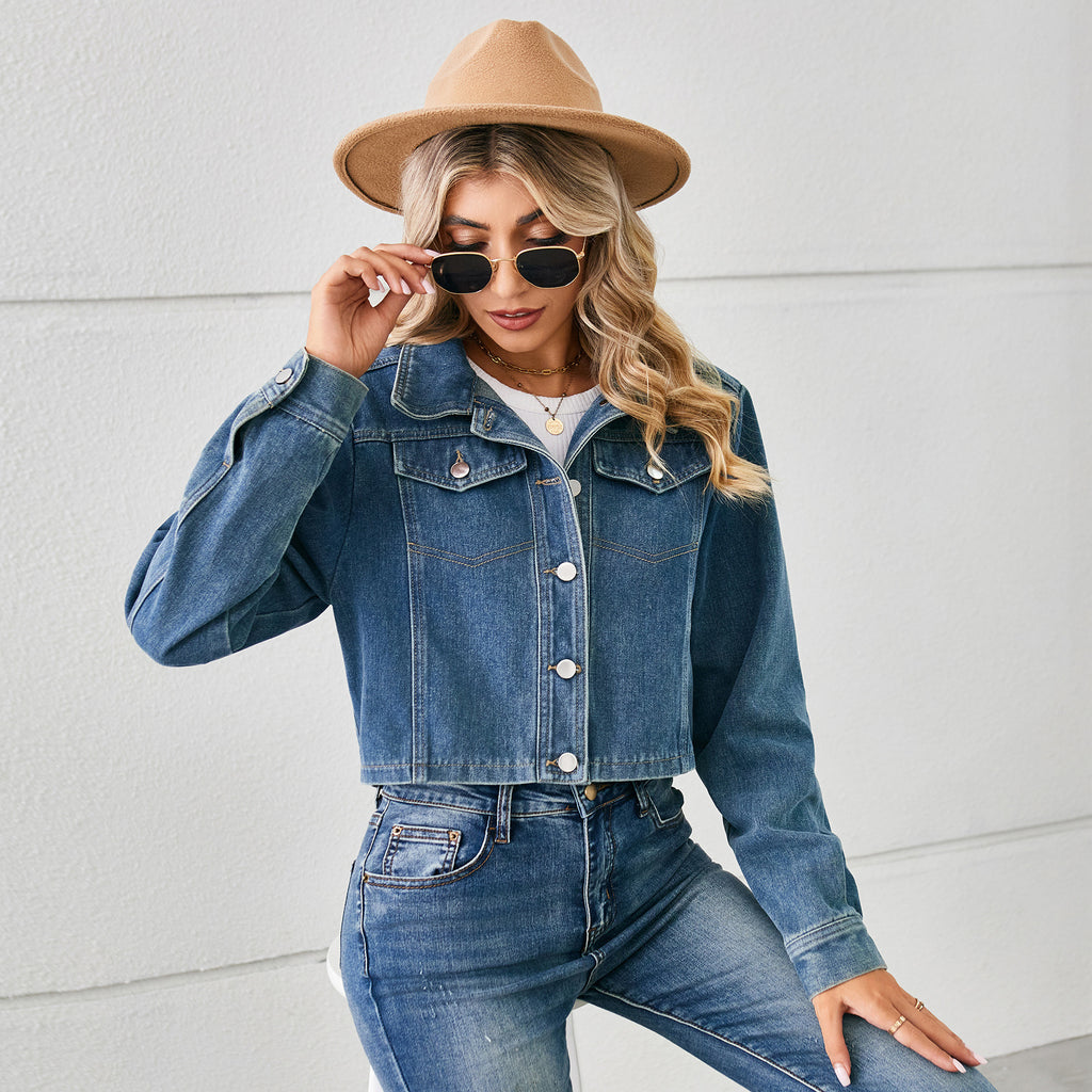 Women's Washed Cropped Long-Sleeve Denim Jacket