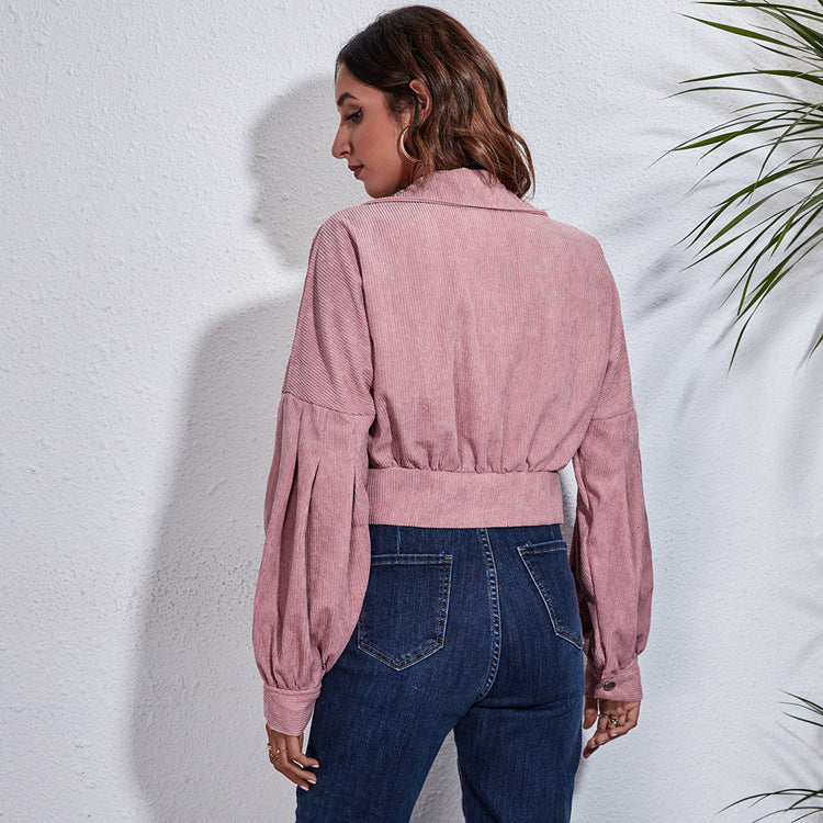 Women's Cropped Corduroy Jacket with Balloon Sleeves