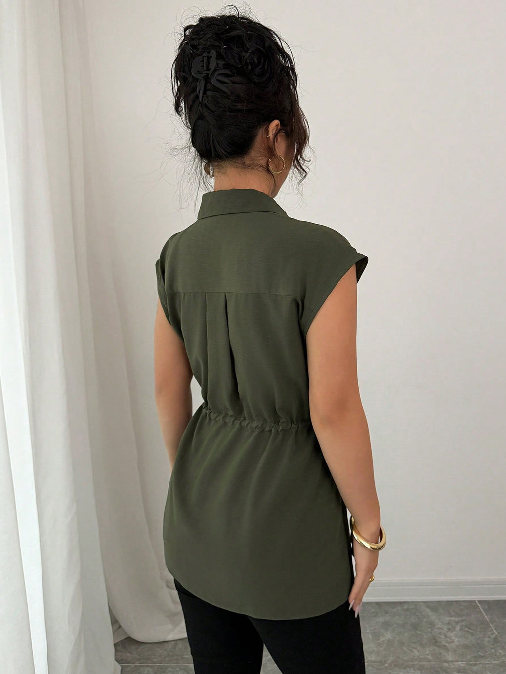 Women's Solid Polo Collar Short Sleeve Button-Front Top