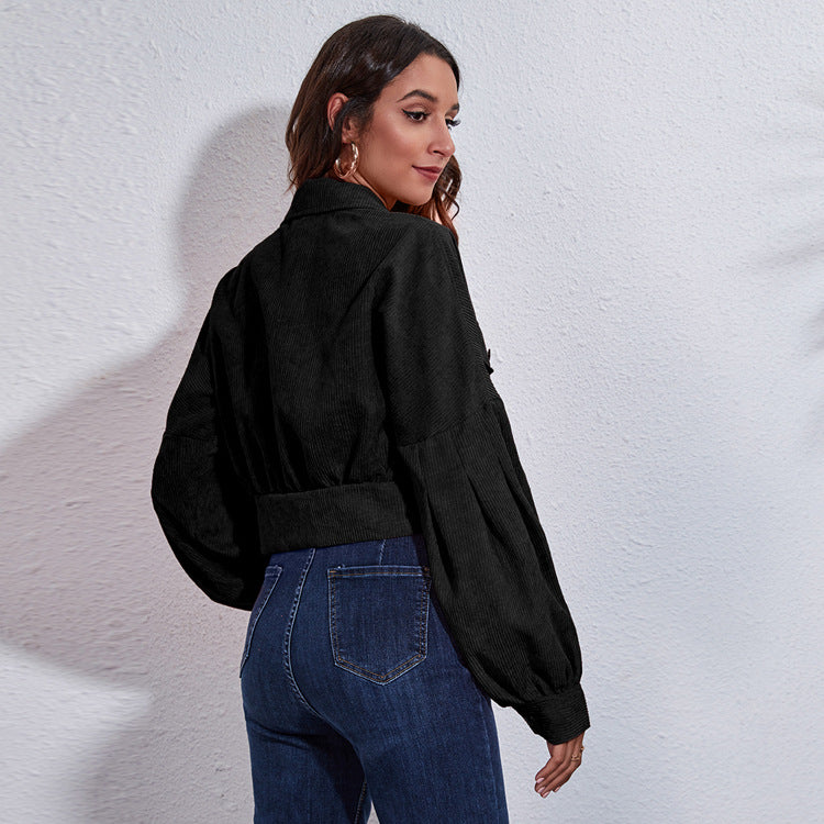 Women's Cropped Corduroy Jacket with Balloon Sleeves