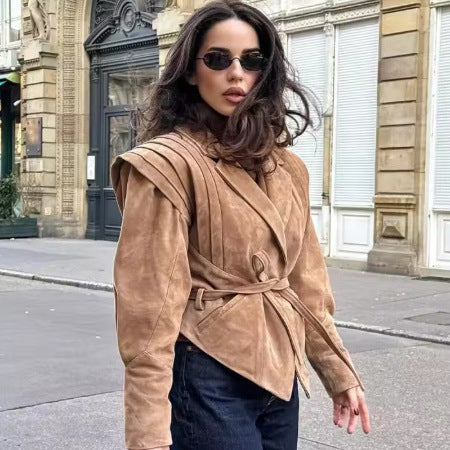 Women's Suede-Look Padded-Shoulder Cinched Jacket