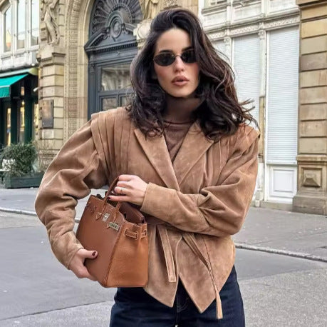 Women's Suede-Look Padded-Shoulder Cinched Jacket