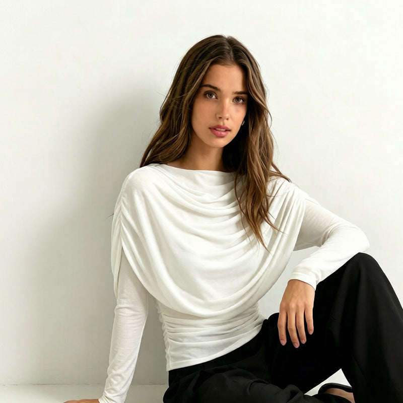 Women's Cowl Neck Long Sleeve Top, Shawl Detail