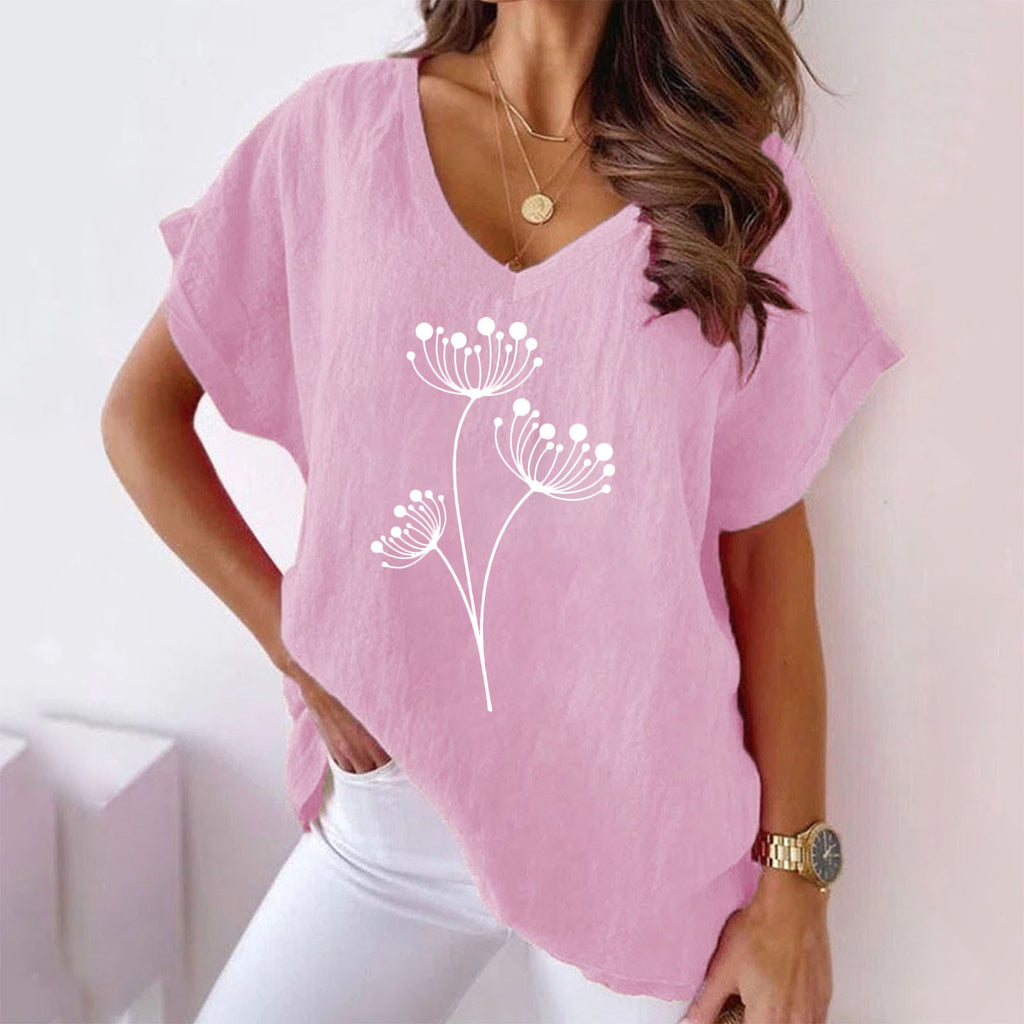 Women's Cotton-Linen Botanical Print V-Neck Batwing Tee