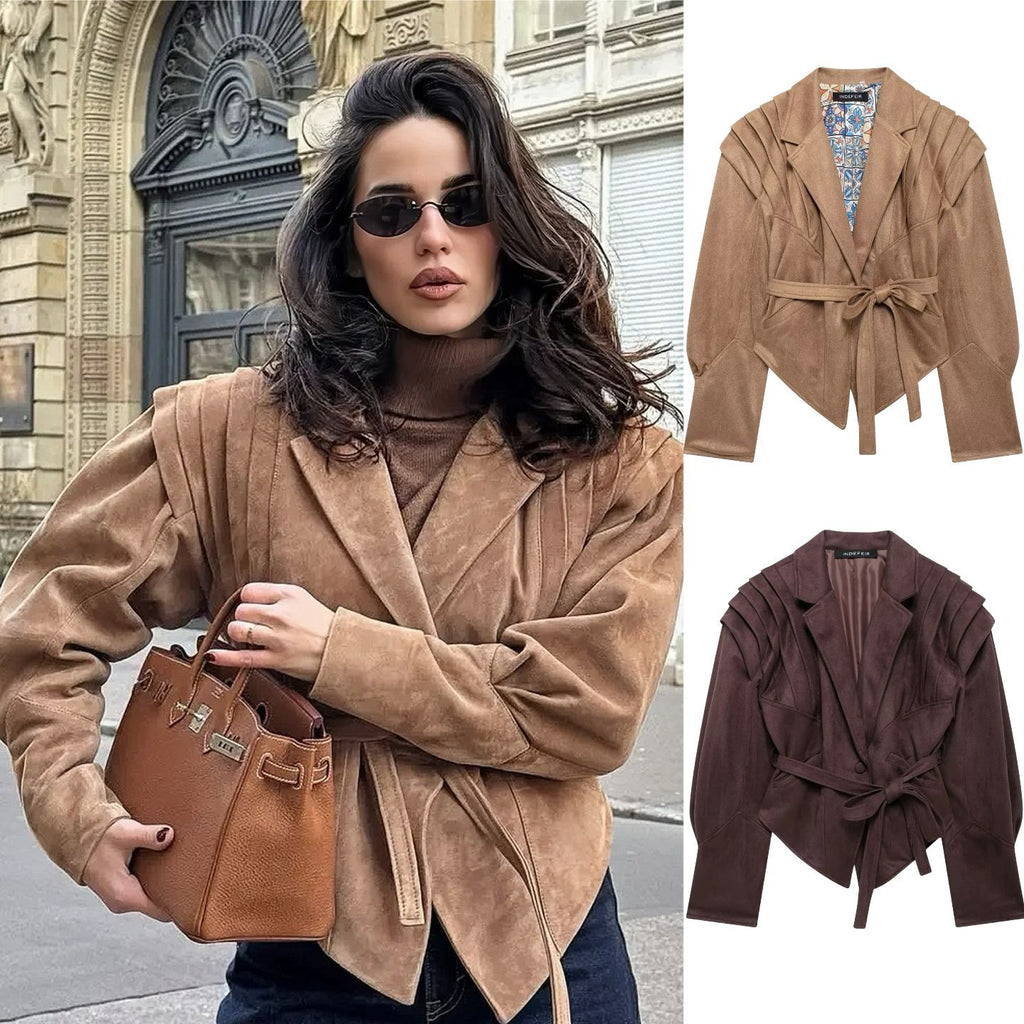 Women's Suede-Look Padded-Shoulder Cinched Jacket