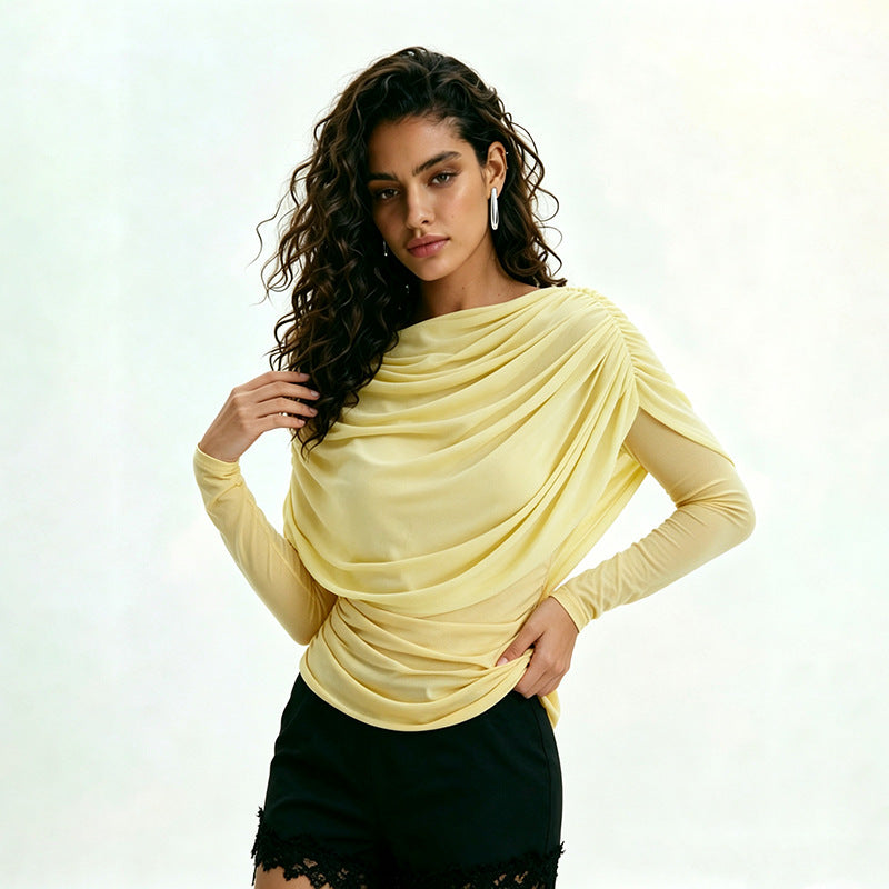 Women's Cowl Neck Long Sleeve Top, Shawl Detail
