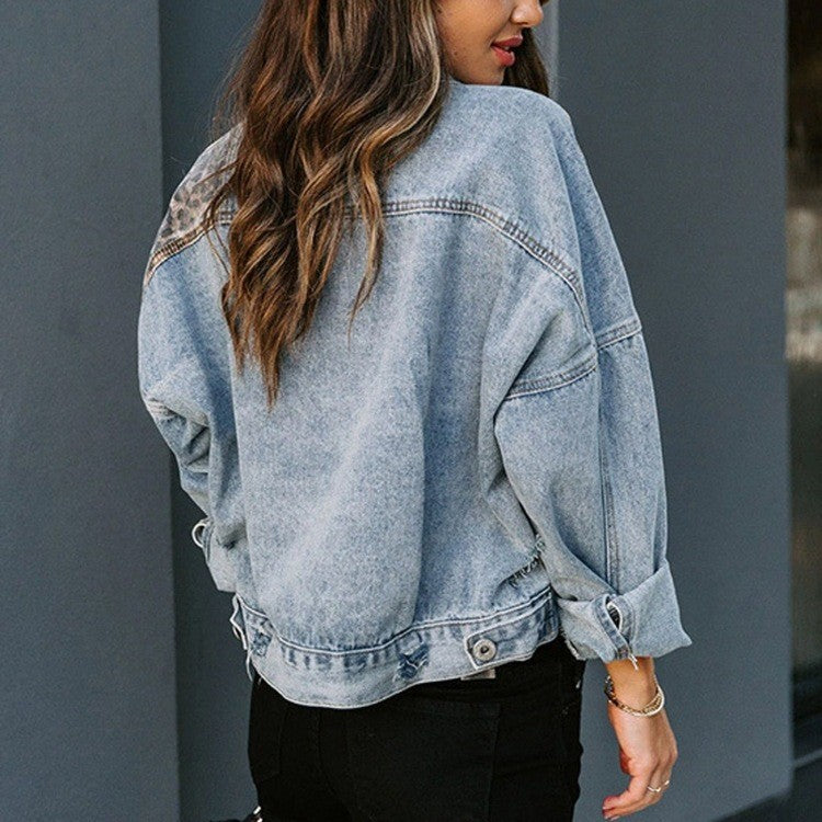 Women's Leopard Panel Long-Sleeve Denim Jacket