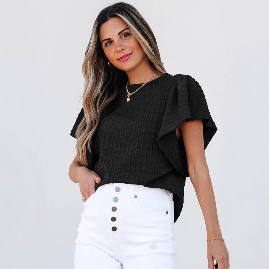 Women's Double-Layer Ruffle Sleeve Crew Neck Tee