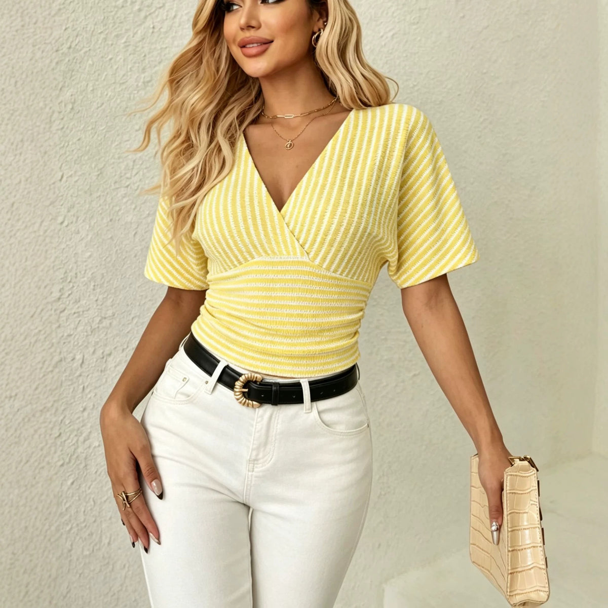 Women's Slim Fit Striped V-Neck Short Sleeve Tee
