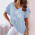 Women's Cotton-Linen Botanical Print V-Neck Batwing Tee