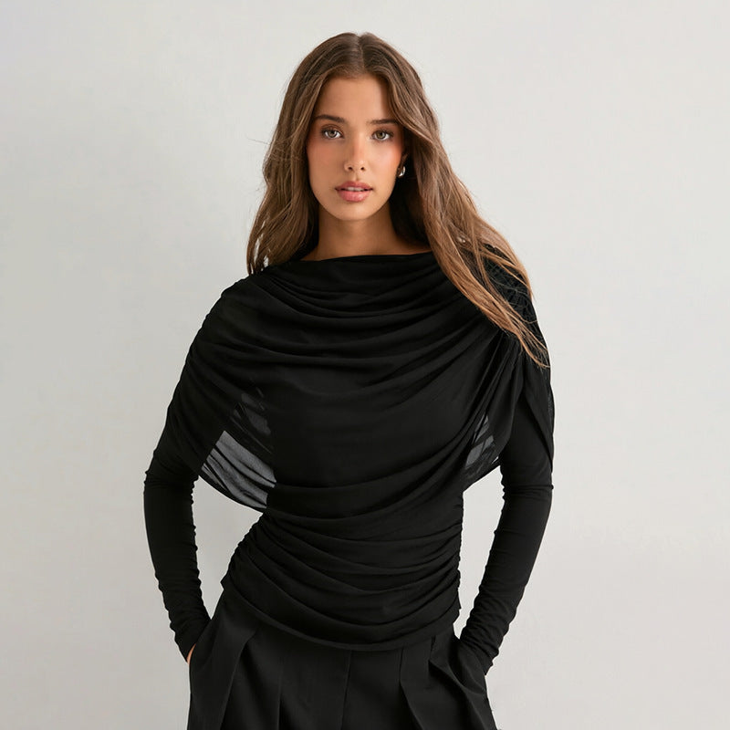 Women's Cowl Neck Long Sleeve Top, Shawl Detail