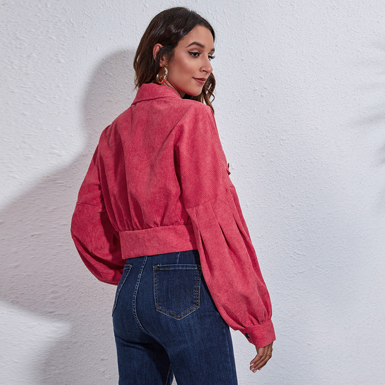 Women's Cropped Corduroy Jacket with Balloon Sleeves